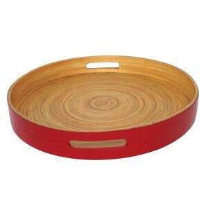 Studio Nova Spun Bamboo Red Lacquer Large Round Serving Tray w/ Handles